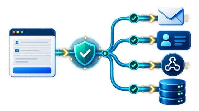 Form validation branching to email, CRM, webhook, and database destinations