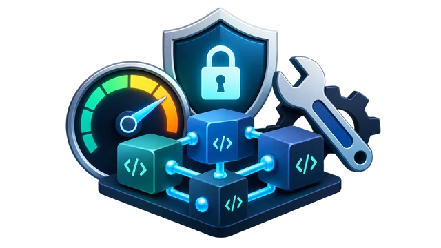 Performance gauge, security shield, modular code, and maintenance tools