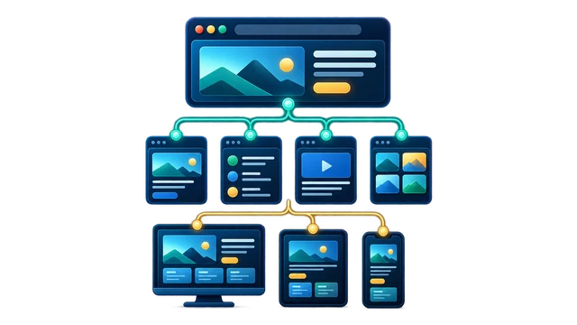 Connected website routes shown across desktop, tablet, and mobile layouts