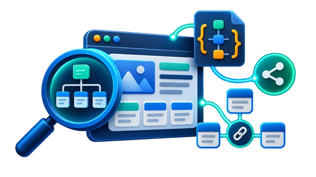 Search inspection connecting sitemap, structured data, internal links, and sharing signals