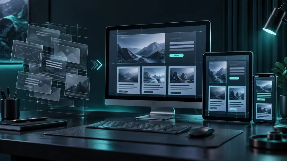 Responsive desktop, tablet, and mobile frames aligning into a consistent layout grid