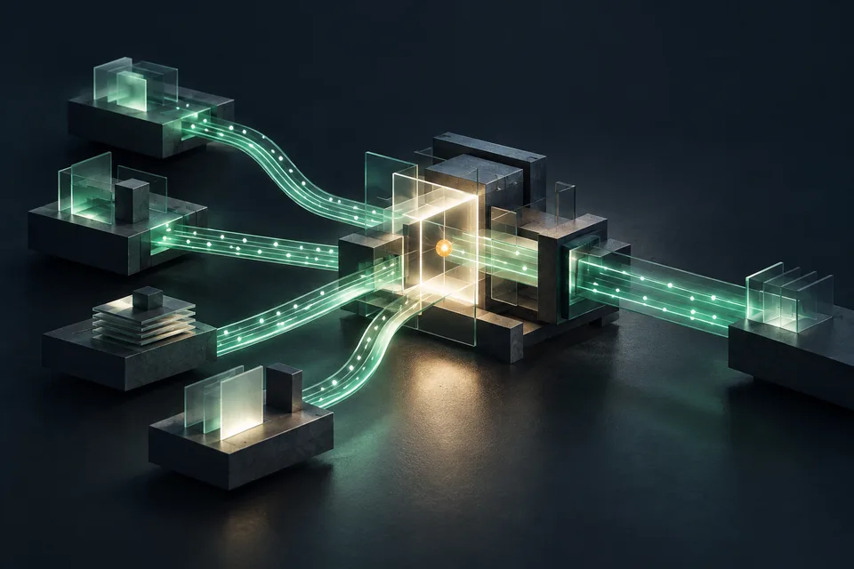An editorial illustration of several software paths coming together at a central review point.