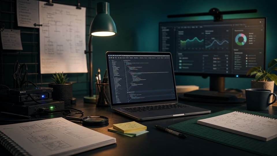 Contract web developer workspace with code, analytics dashboards, SEO notes, and technical website support tools