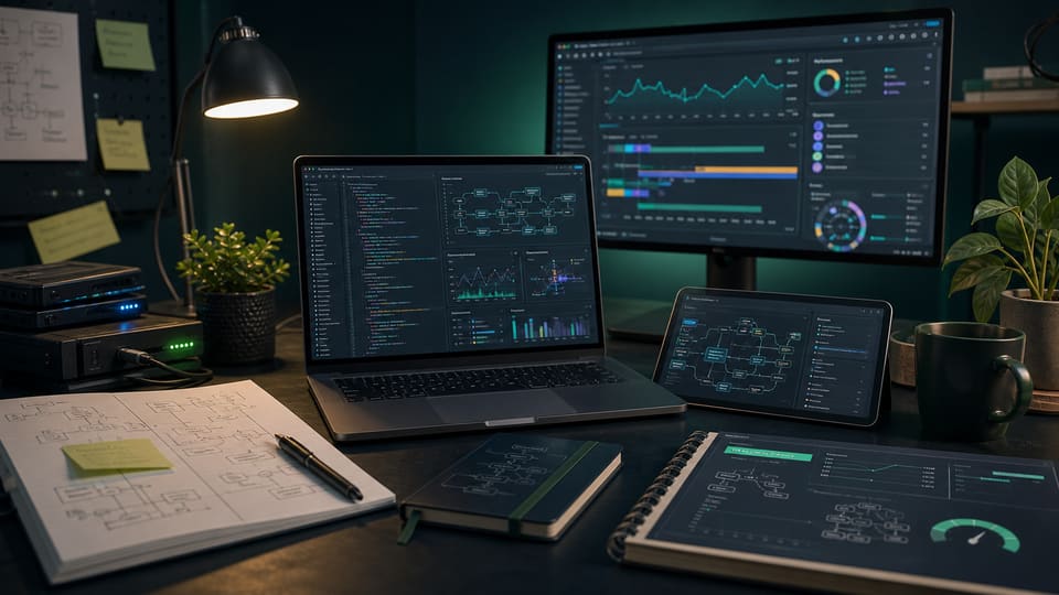 Technical web skills workspace with code editor, API diagrams, tracking dashboards, and performance debugging tools