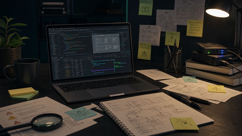 Website troubleshooting notes workspace with broken layout sketches, JavaScript debugging, forms, tracking, and CMS issue notes