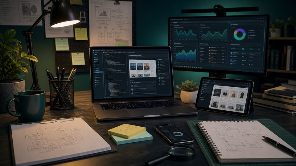 Practical contract website support workspace showing WordPress, SEO, tracking, ecommerce, and troubleshooting tools