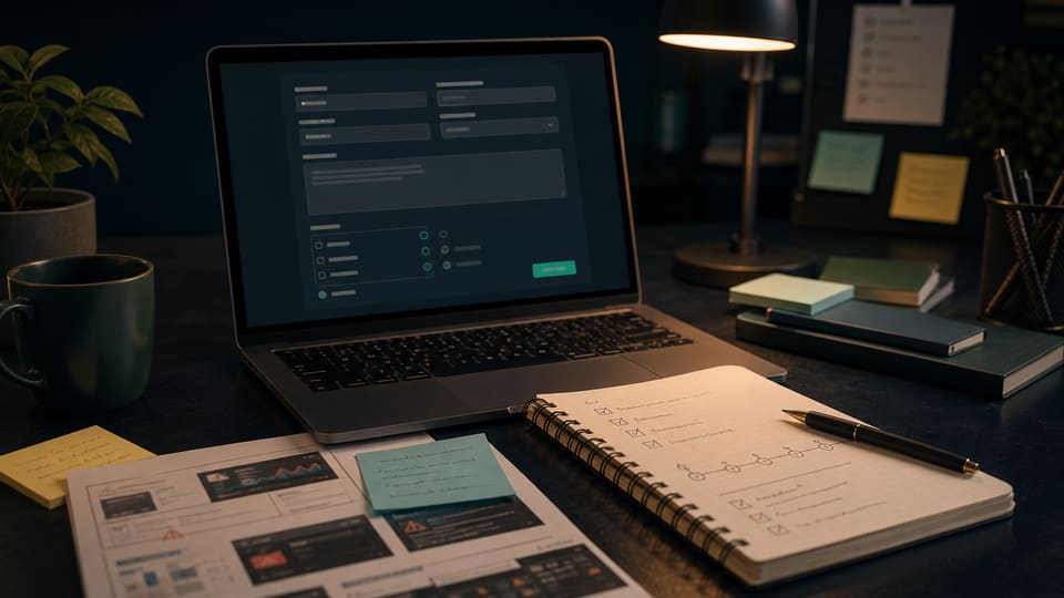 Website support request workspace with a contact form draft, site URL notes, timeline, and technical issue checklist