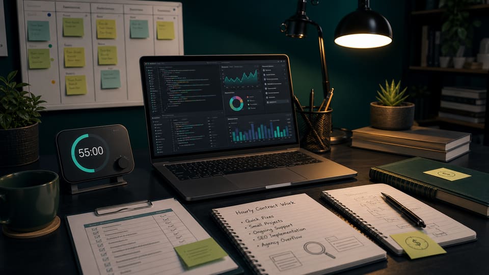 Contract website help rate workspace with hourly support notes, task list, website fixes, and technical cleanup planning
