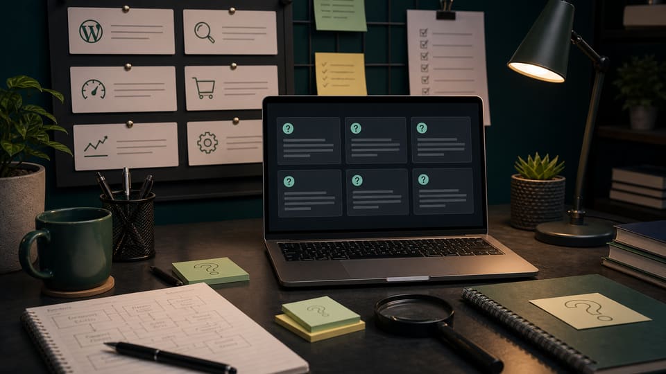 Contract website help FAQ workspace with organized support questions about WordPress, SEO, tracking, rates, and fixes