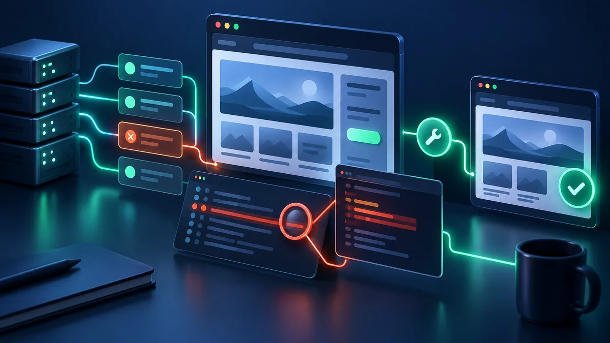 Production website debugging illustration showing an isolated error moving through a repaired browser and server path