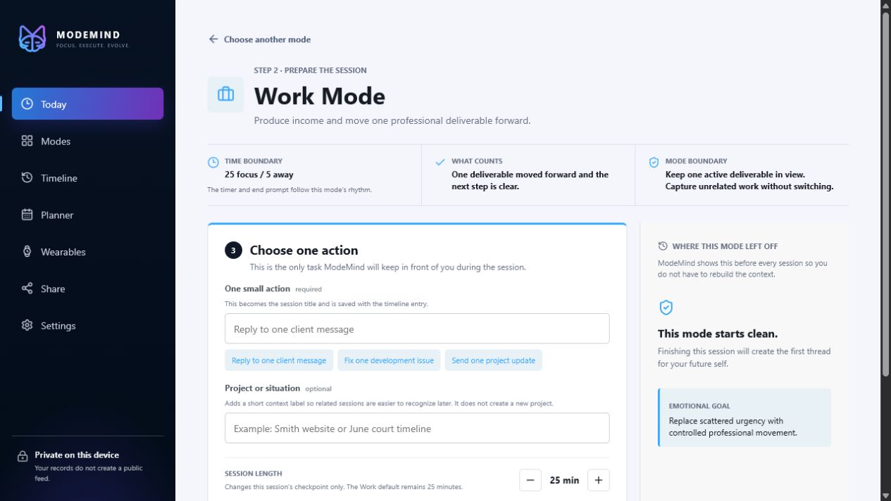 ModeMind live work mode screen screenshot