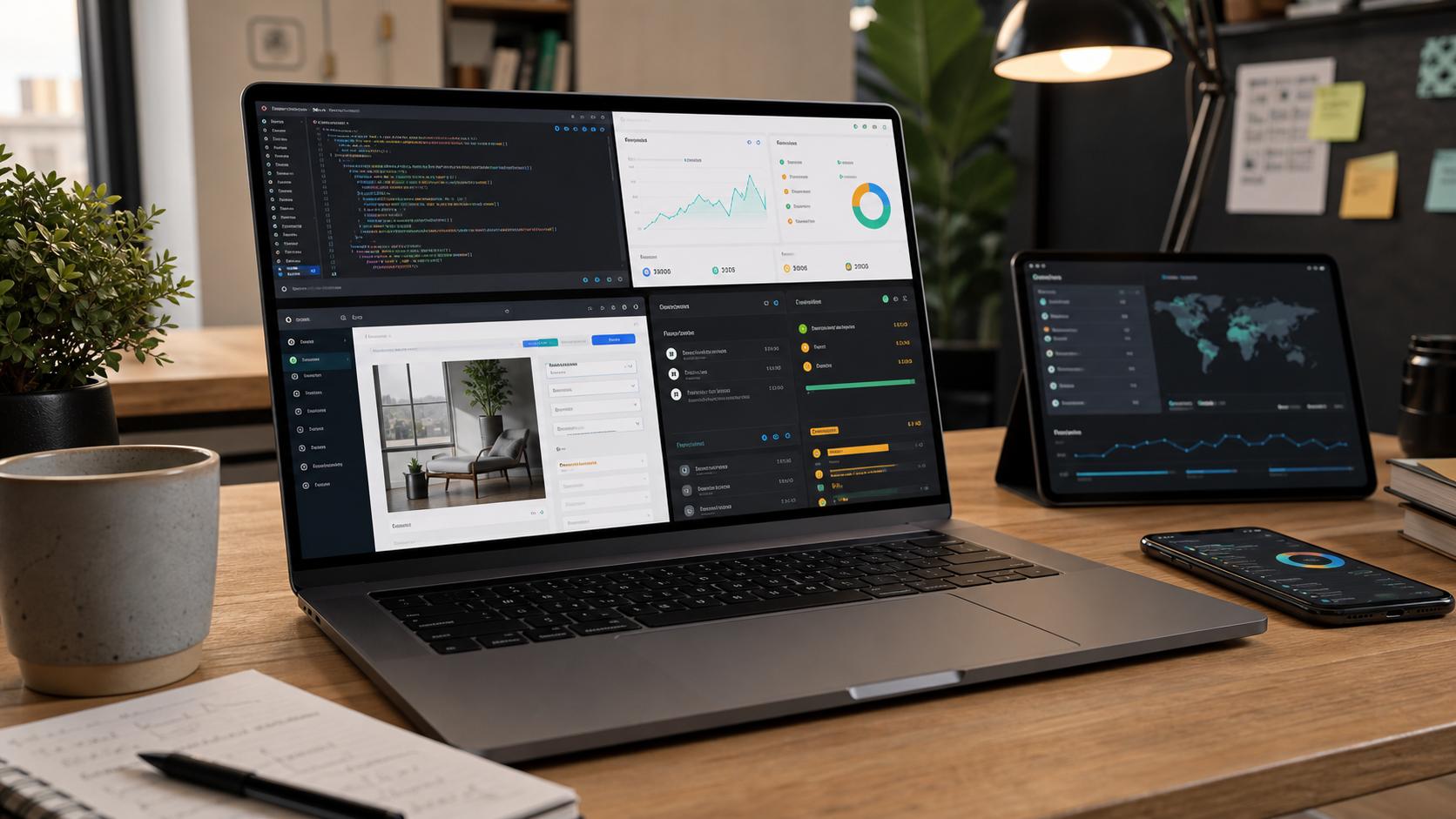 Technical website support workspace with code, audit notes, analytics, and performance dashboards