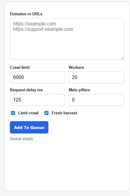 TopoRank local dashboard showing crawl inputs, queue status, crawl settings, and report list.