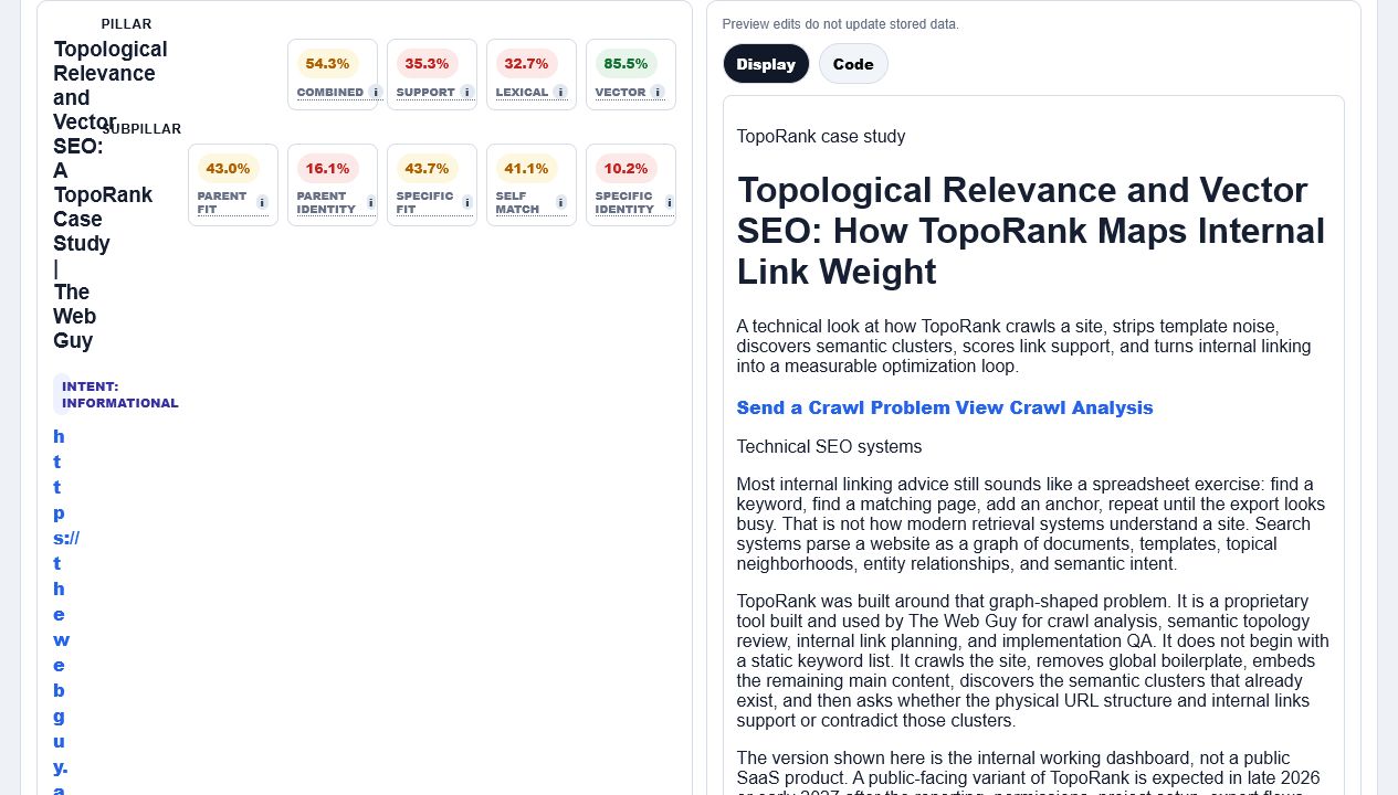 TopoRank editing workbench showing page content editor, display/code tabs, and scoring preview controls.