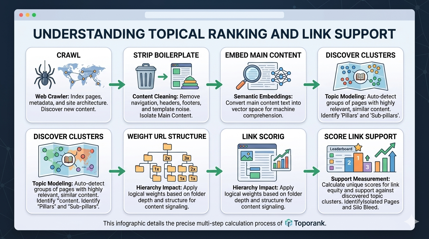 Infographic explaining the TopoRank process from crawl, boilerplate stripping, embedding main content, cluster discovery, URL structure weighting, and link support scoring.